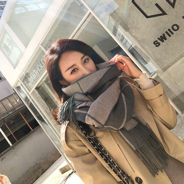 

plaid vintage scarf female winter korean version of the british ins tide autumn winter student thickening shawl dual-use collar, Blue;gray
