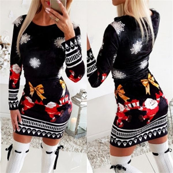

christmas bodycon dresses women fashion xmas print woman dress long sleeve spring autumn clothing for female d30 y201128, White;black