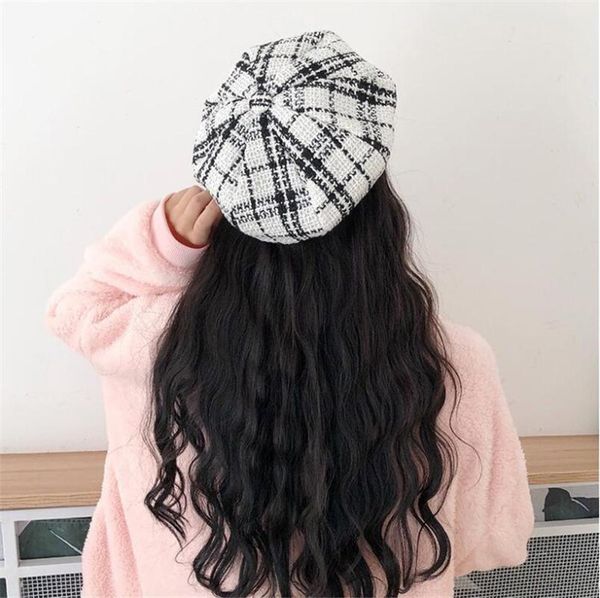 

autumn winter felt plaid beret hats for women french berets fashion female adjustable tartan beret cap octagonal casual boina, Blue;gray