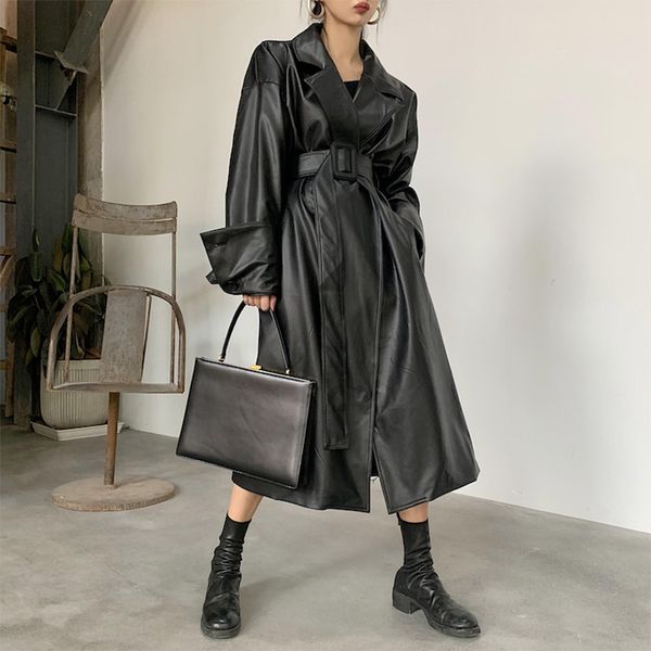 

lautaro long oversized leather trench coat for women long sleeve lapel loose fit fall black women plus size clothing streetwear lj201127