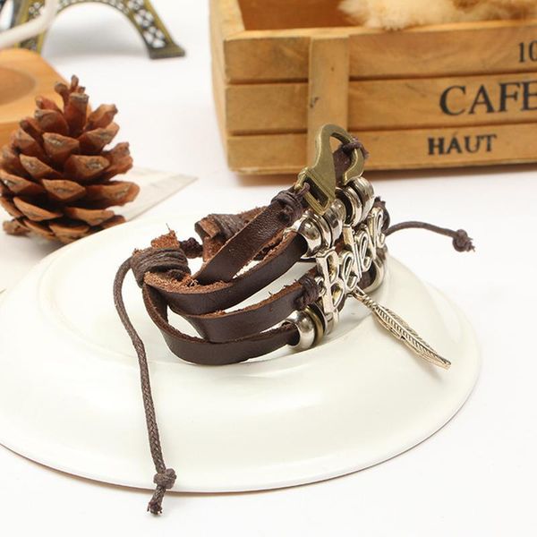 

eif dock multilayer brown believe words charm rope handwoven beads leaves pendant leather bracelets women qylddq