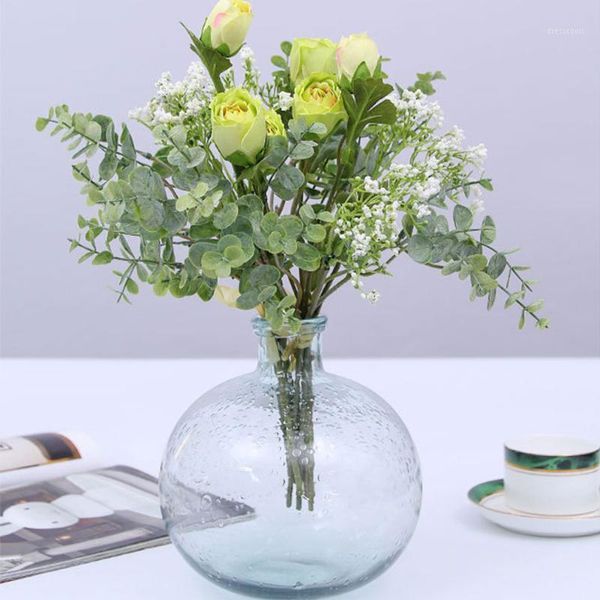 

beautiful artificial rose flower mini silk diy handmade eucalyptus leaves bridal bouquet wedding home decor fake ornament new1