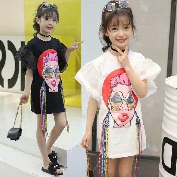 

fancy girls tassel tshirt children's garment 2020 trend new pattern lips beauty woven fabric bring fashion child cotton t-shirt 1005, Blue