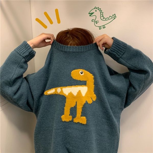 

funny dinosaur sweater women harajuku vintage o-neck winter pullover long sleeve loose knitted oversize outwear warm cute v878 y200910, White;black