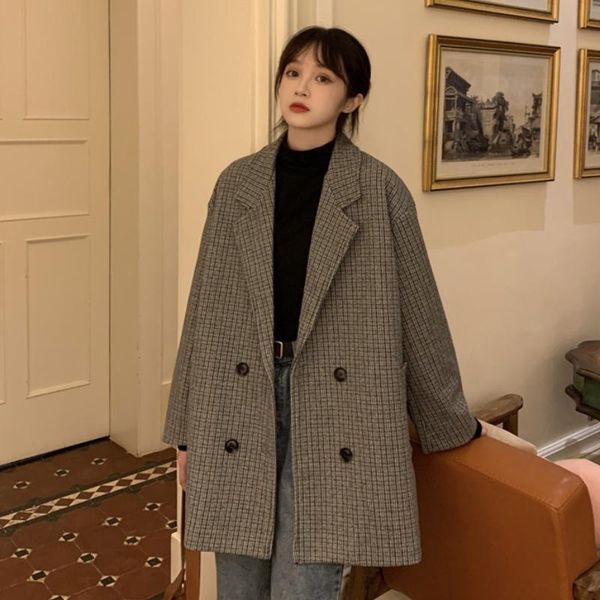 

autumn 2021 new korean casual small suit loose thin plaid long sleeve british style suit coat women fashion, Black;brown