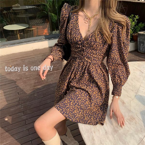 

fall 2020 new french style waist closing slim v-neck floral skirt long sleeve temperament dress for women