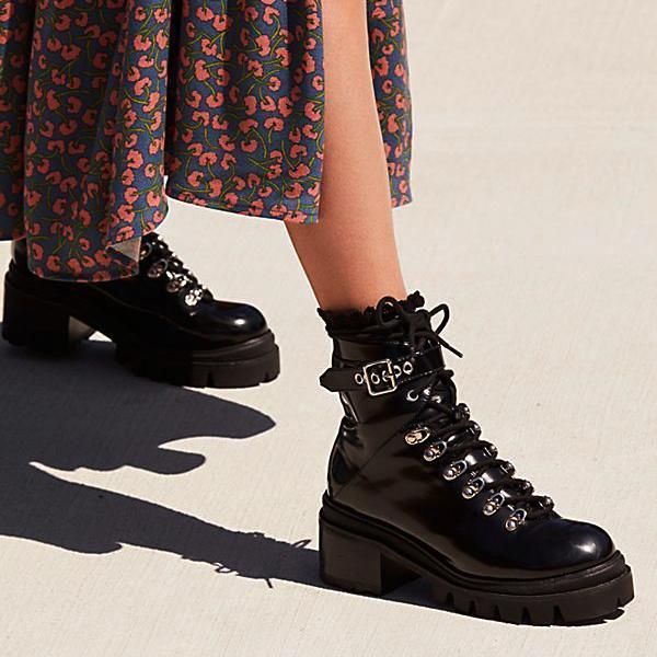 

women's round toe martin ankle lace up buckle low heel combat short ankle patent leather strap platform lace up combat shoes, Black
