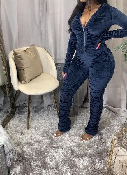 

fall new streetwear velvet ruched bodycon hoodies jumpsuit women active stacked zipper hooded romper one piece overall, Black;white