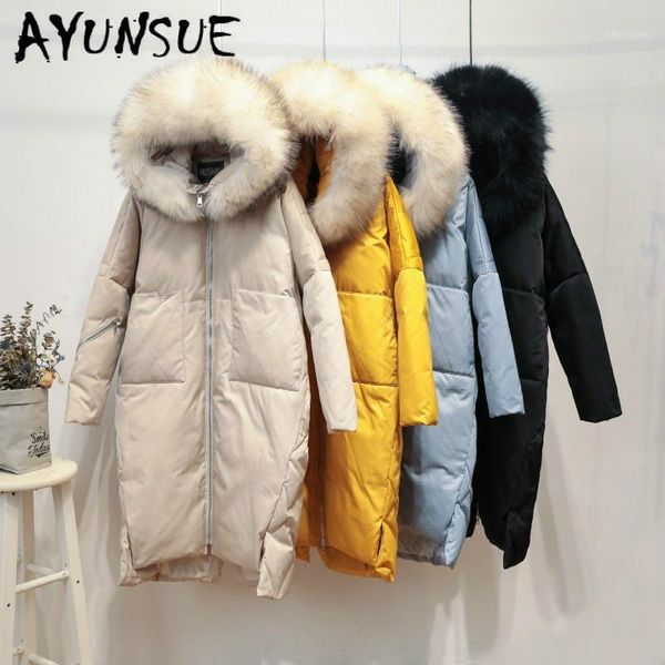 

ayunsue winter coat women parka oversized white duck down jacket women big fur collar down coat hooded puffer jacket 0821 yy14181, Black
