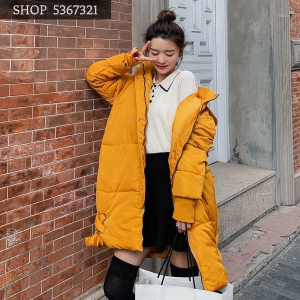 

2019 winter cotton-padded clothes girls long fund loose coat woman self-cultivation thin even hat down cotton woman1, Black;white