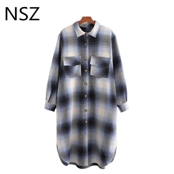 

nsz women oversized plaid tweed long jacket fall fashion turn down collar checked woolen blend coat ladies outerwear, Black;brown