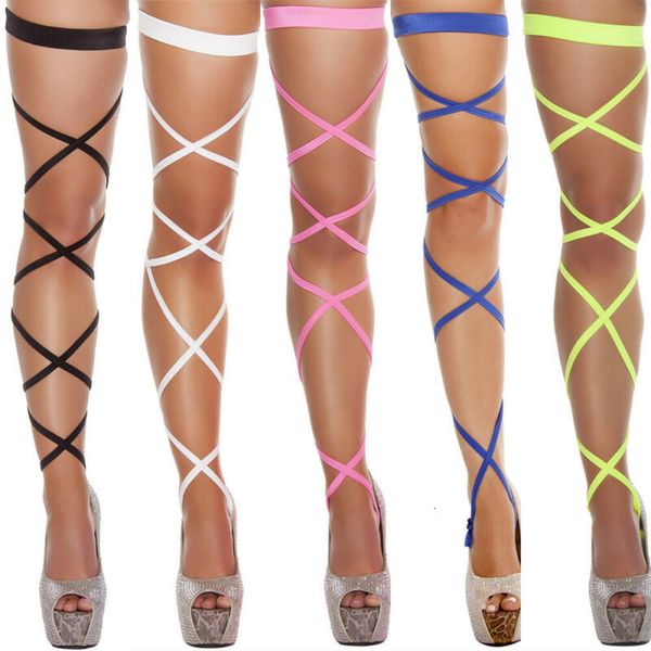 

women bandage fishnet stockings thigh-high studded thigh high leg rave wraps strappy tights, Black;white
