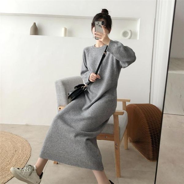 

solid o neck loose knit dress 2021 autumn and winter full bottoming long sweater women, White;black