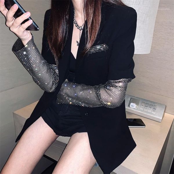 

2021 new fashion autumn black blazer for women long sleeve diamond patchwork long elegant coat female women clothing1, White;black