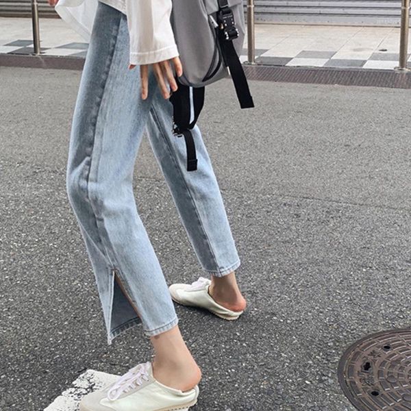 

ningde] light color jeans, women's straight tube, loose high waist, thin and versatile, side slit thin cropped pants1, Blue