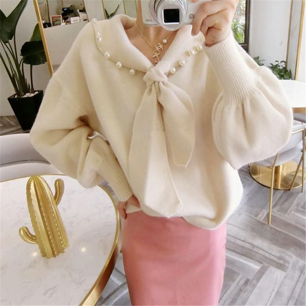 

hzirip 2021 new autumn winter bow collar knitted pullover pearl lantern sleeve sweater women elegant solid outwear sweaters, White;black