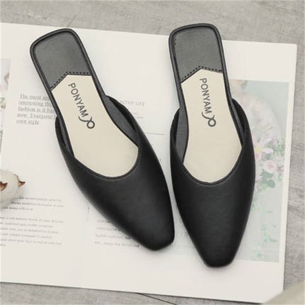 

new summer 2021 pointed to leather square jump muller beach slippers outdoors feminine shoes shallow fashion ladies 36-40 slr8, Black