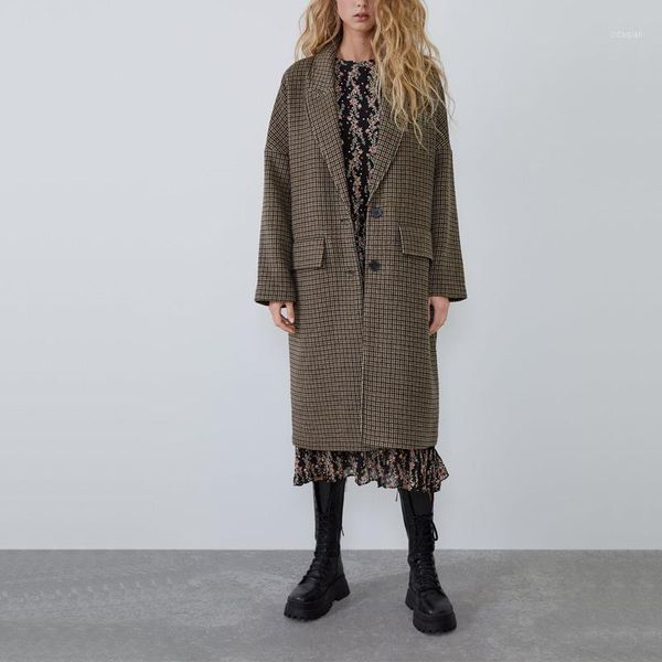 

women's wool & blends autumn female coat casual plaid pocket decorative coat1, Black