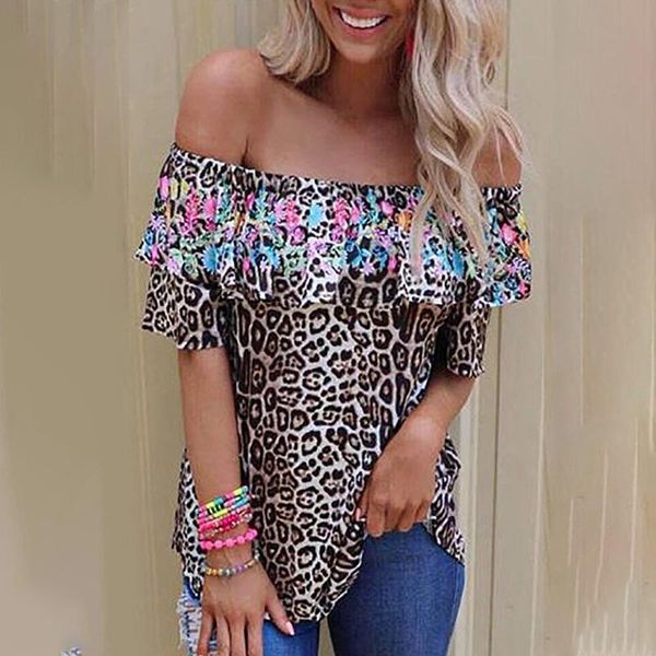

womens leopard print slash neck loose blouse plus size summer strapless blouses female 2021 fashion retro casual lady, White