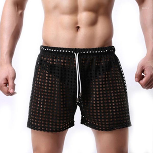 

men's fishnet hollow out lounge pajamas shorts underpants beach board shorts see through stage performance wear1, White;black