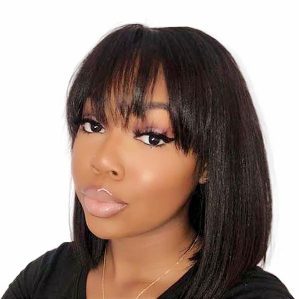 

short bob 10 inch wigs for black girl hairstyles natural color brazilian straight human hair wigs with bangs full machine made glueless frin, Black;brown