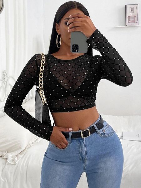

sxy rhinestone sheer crop o2ie#, White