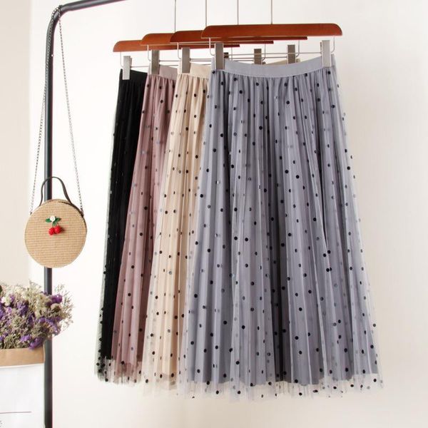 

polka dot long tulle skirt women 2019 summer fashion a-line high waist pleated maxi skirt female pink sun skirt, Black