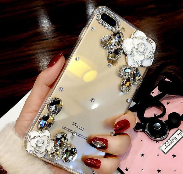 

fashion luxury designer rhinestone diamond crystal camellia flower transparent case for iphone 11 pro max x xr xs ma qylmgl qpseller