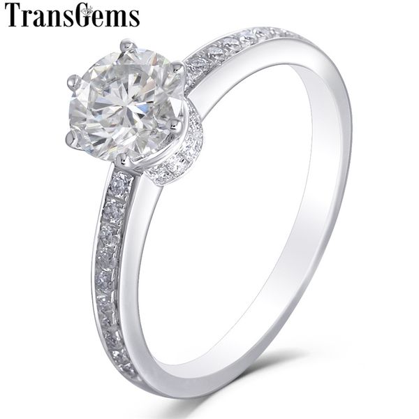 

transgems classic 14k 585 white gold 1ct 6.5mm f color engagement ring for women with on the band y200620, Slivery;golden