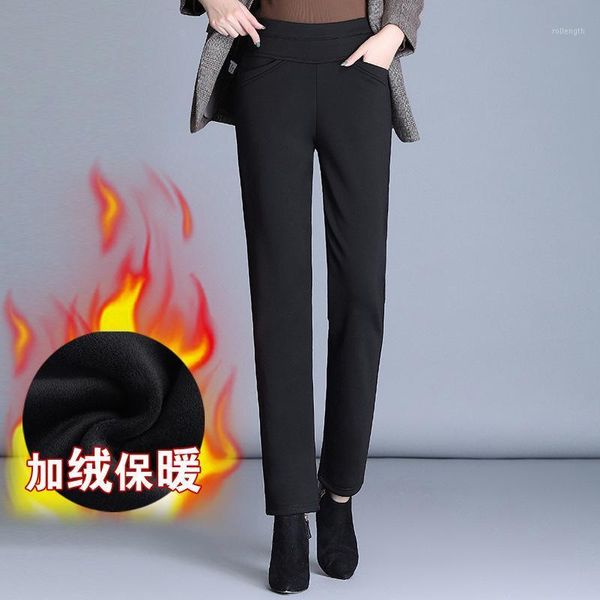 

middle aged mother stretch straight pants plus size 4xl elastic high waist women winter warm pants velvet thick trousers1, Black;white