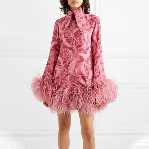 

autumn winter european vintage design feather patchwork straight dress long sleeve printing loose short quality retro dresses1, Black;gray