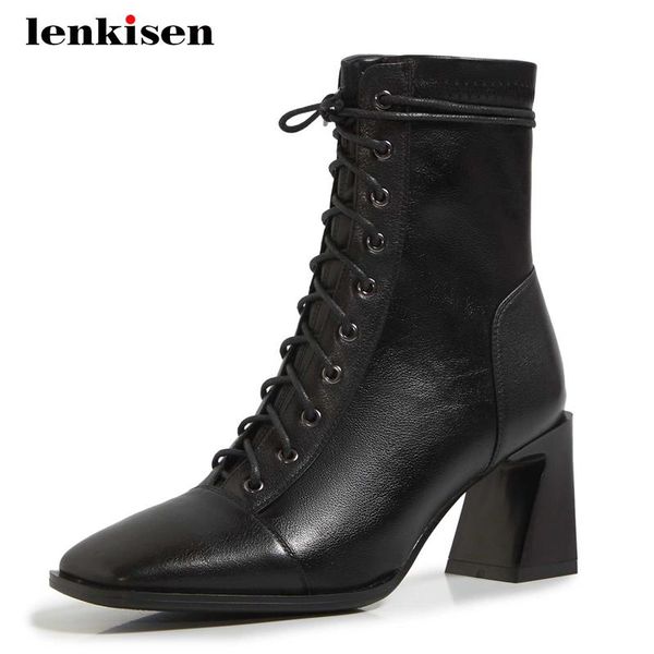 

lenkisen european style genuine leather cross-tied square toe thick high heel lace up office lady dress fashion ankle boots l8f1, Black