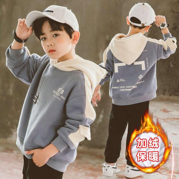 

boys' sweater plush children's 2020 winter new year's wear korean high collar hooded student's thickened base shirt 13 m, Black