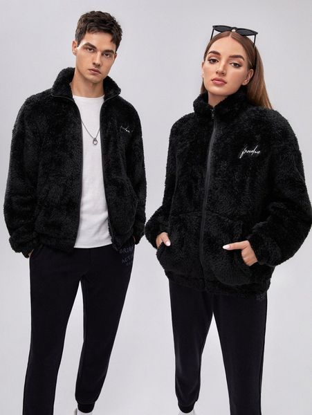 

1pc letter embroidery kangaroo pocket flannel jacket f4aj#, Black;brown