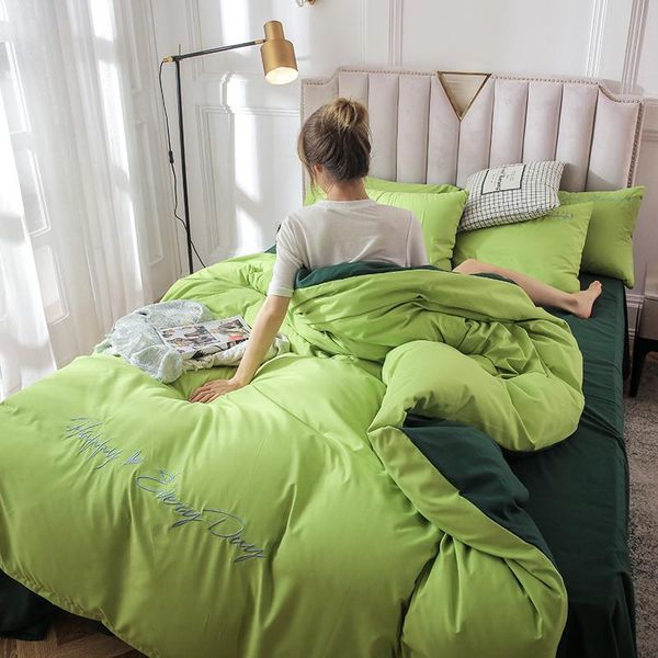 

korean style washed cotton ab 4pcs duvet cover bed sheet pillowcases embroidery solid matcha green dark green grey brown ginger