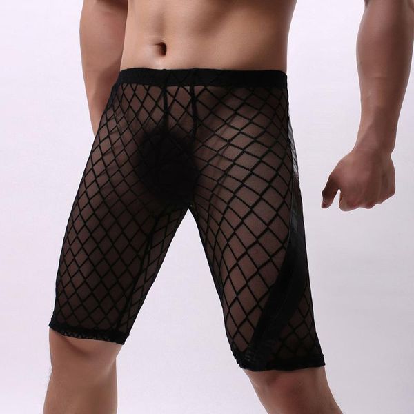 

mens underwear boxers pu leather mesh patchwork long leg underwear homme slip calzoncillos underpants gay panties boxer shorts, Black;white