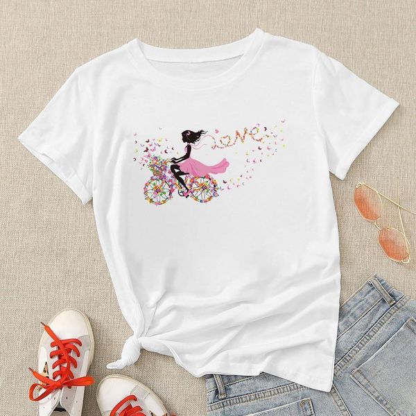 

2021 new large size harajuku love printed bicycle t-shirts casual tee summer short sleeve female t shirt women clothing, White