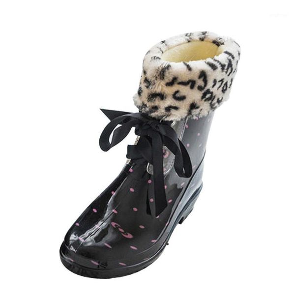

floral print women rain boots warm snow boots with fur bow lace up women water shoes rainboots garden bootsxkd21901, Black