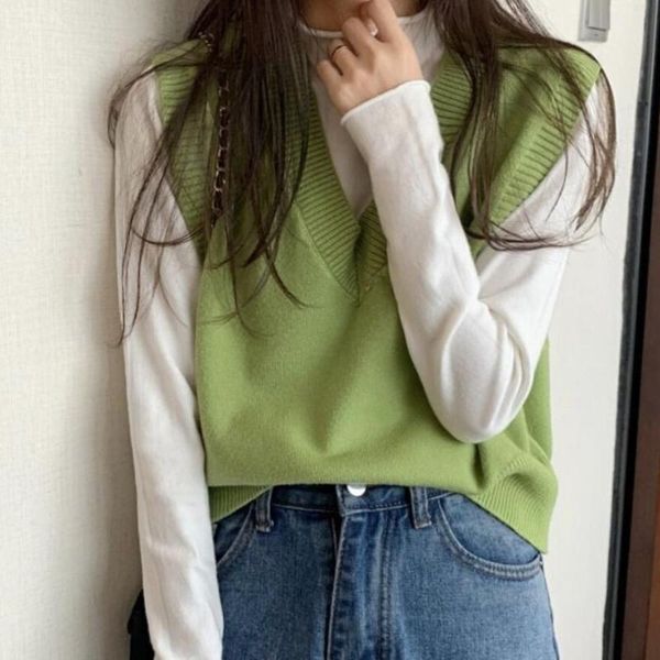 

women's vests fashion 2021 spring autumn vintage sleeveless v-neck knitted vest sweater women solid pullovers ladies casual tank top, Black;white