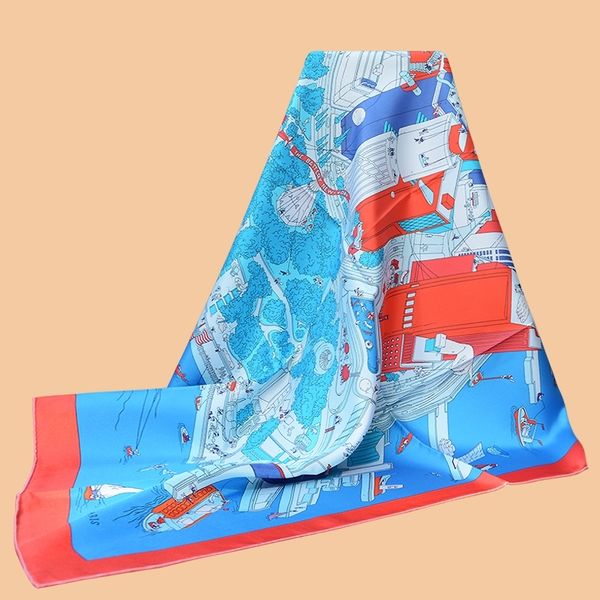 

huajun 2 store||dazzling must choose "the battery new-york" 90 silk square scarf twill inkjet scarf handmade curling y201024, Blue;gray