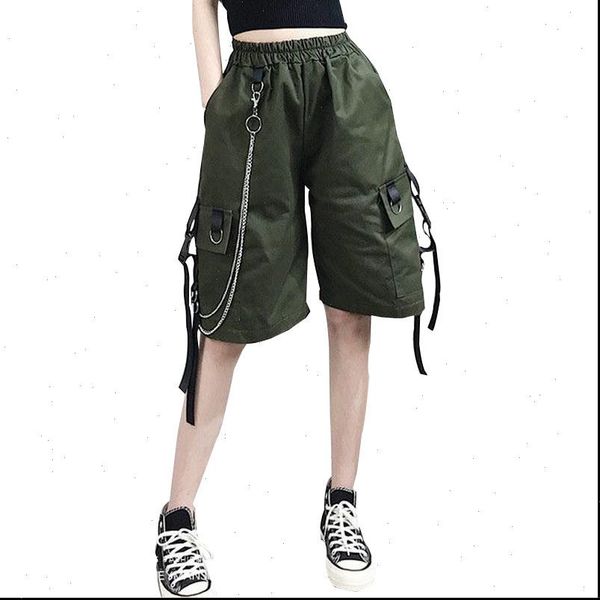 

summer women cargo shorts female loose straight casual short pants fashion elastic waist handsome chain knee length shorts, White;black