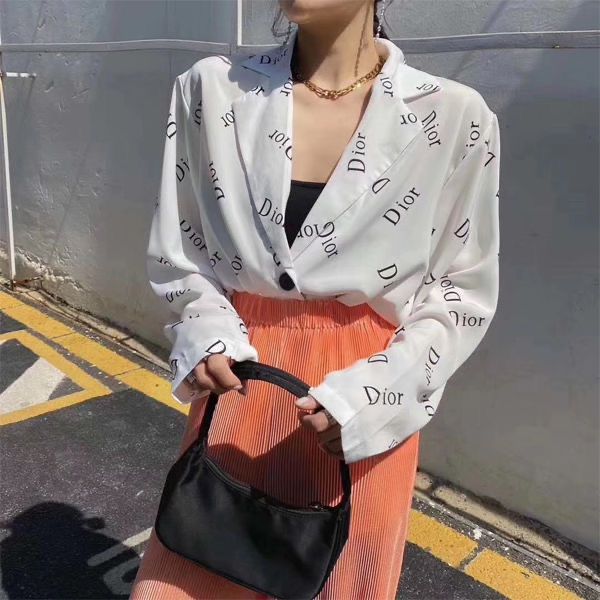 

коллекция весна / лето для женской одежды шикарный монохромный печати шифон рубашку с длинными рукавами, White