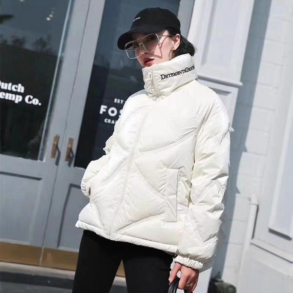 

2020new winter coats pu bright silk embroidery letters brief paragraph down jacket coat women's clothing stand collar parkas1, Black