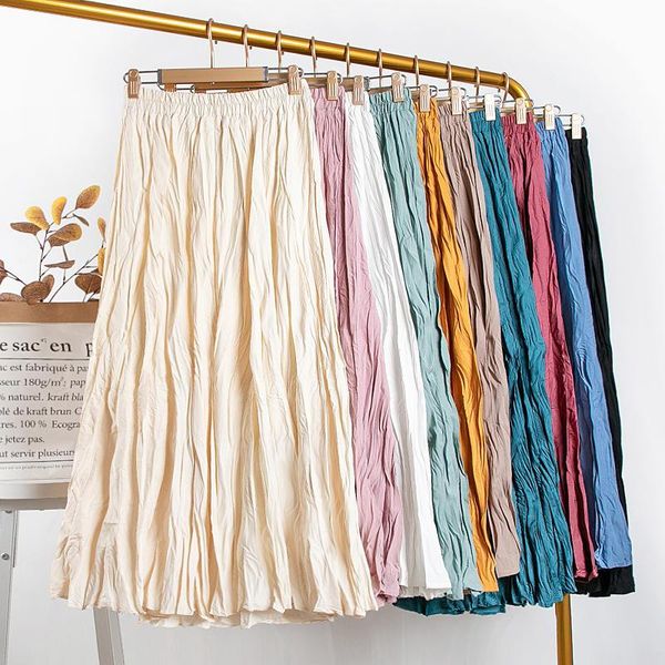 

skirts harajuku white long pleated womens saias elegant casual solid fashion black high waist female mujer faldas q3374