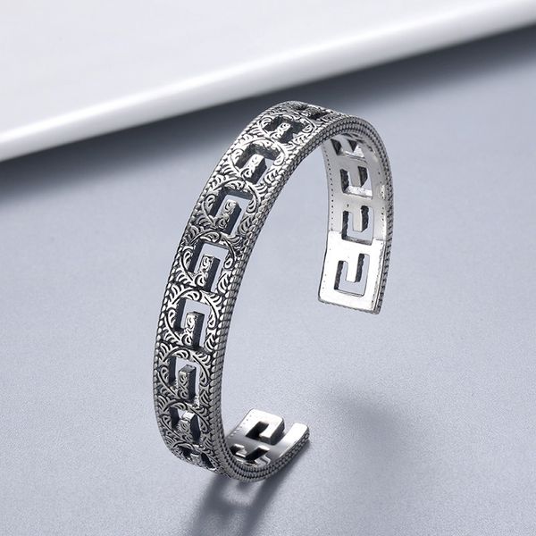 

thai silver dletter bangle hollow out fashion carved pattern men's and women's punk bracelet, Black