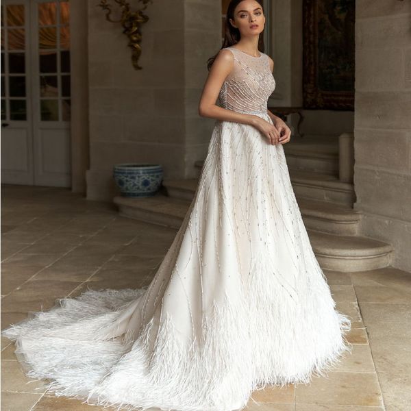 

luxury white feather wedding dresses 2020 a line beading vestidos de novia lace customize sweep train country bridal gowns