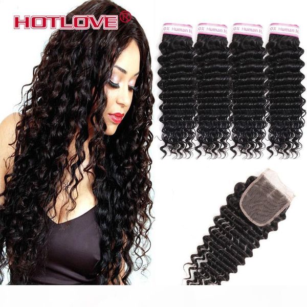 

brazilian deep wave hair weave 4 bundles human hair natural black 8-28 inch with 4*4 lace closure 5 pcs lot ing