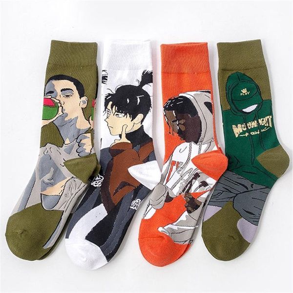

men's tide street europe and america hip hop wild cartoon middle tube long socks female ins skateboard socks calcetines1, Black;white