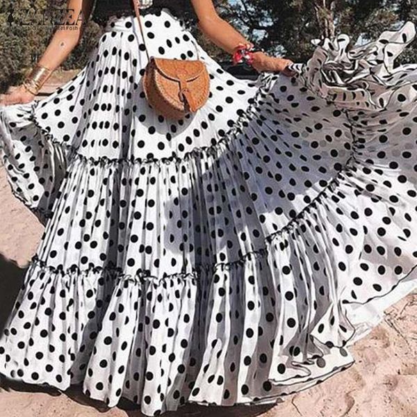 

2020 summer skirts women polka dots bohemian skirt korean fashion maxi long skirts jupe femme pleated long swing skirts, Black