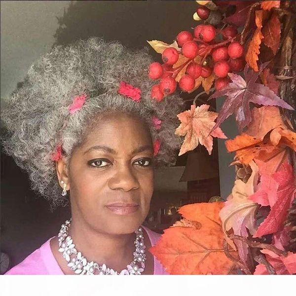 

fashion gorgeous gray ponytail kinky curly afro puff salt and pepper silver grey human hair ponytail grey hair extension hair piece, Black